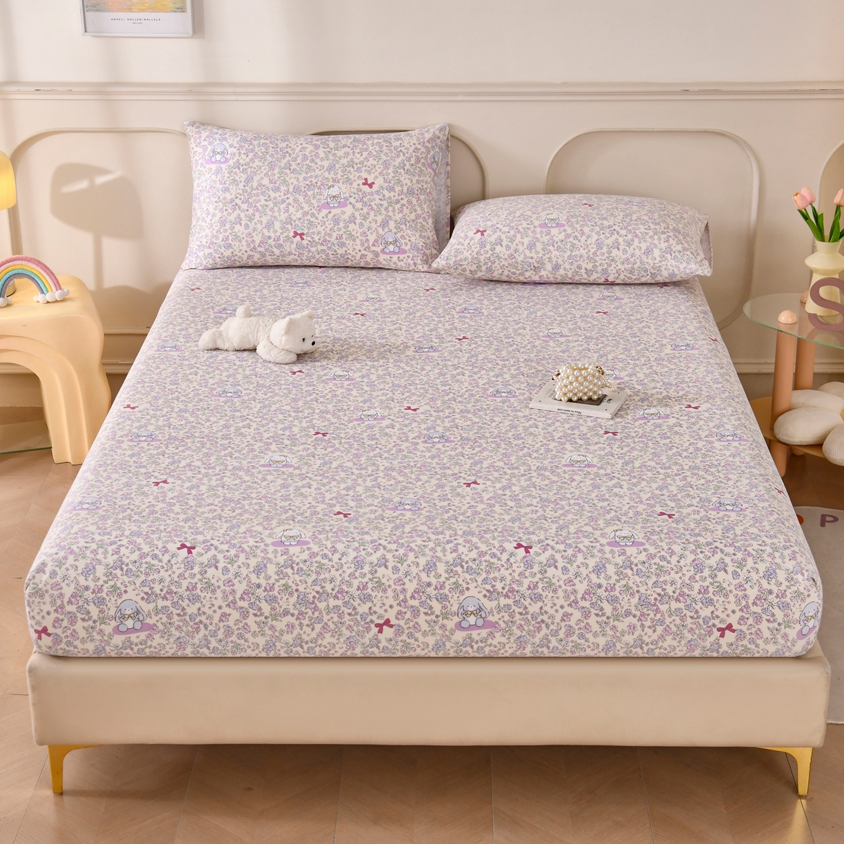 91家纺网 家纺一手货源 找家纺 悠米悠家 2026新款工艺款印花老粗布床笠单品床笠床笠单件凉席席子 花间垂耳兔