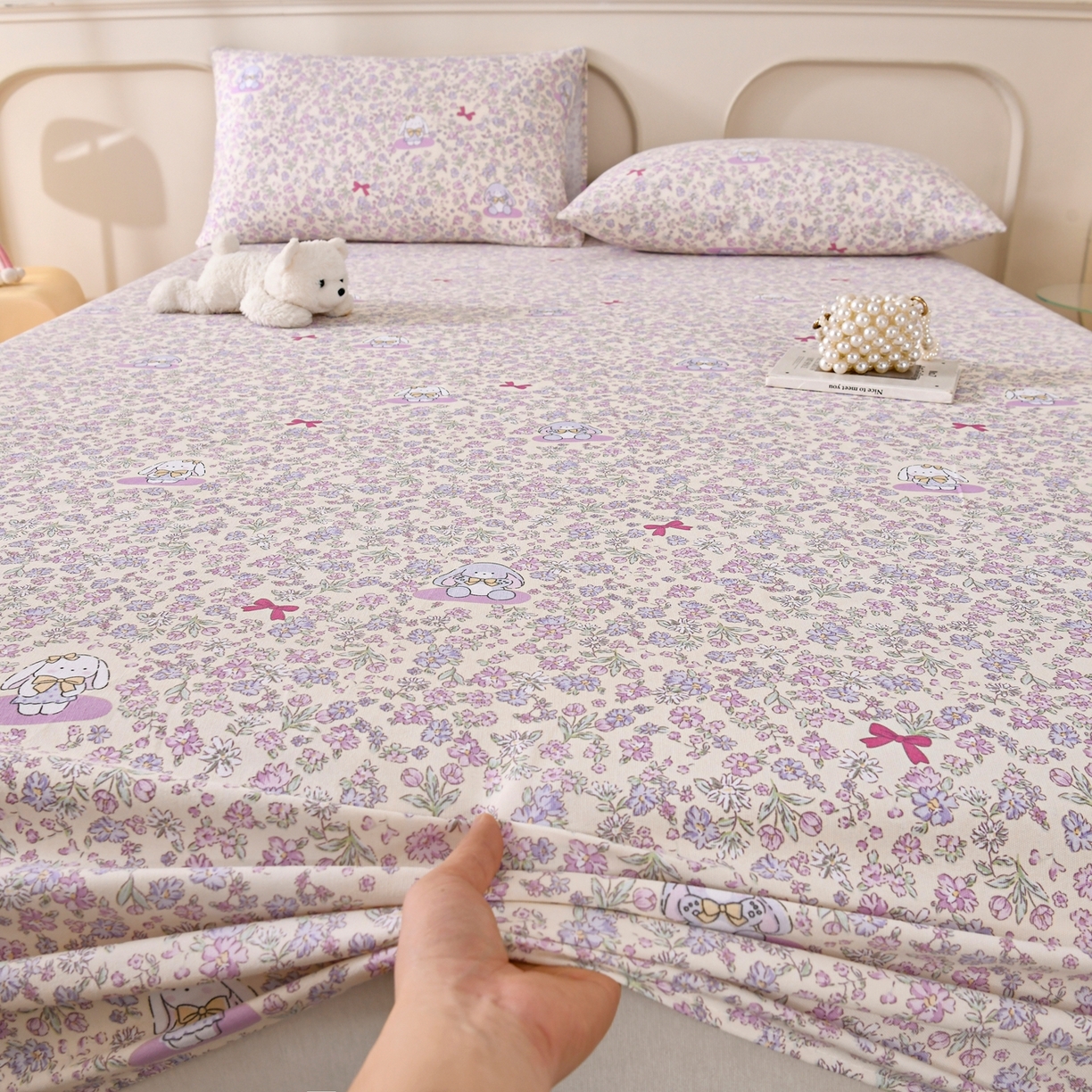 91家纺网 家纺一手货源 找家纺 悠米悠家 2026新款工艺款印花老粗布床笠单品床笠床笠单件凉席席子 花间垂耳兔