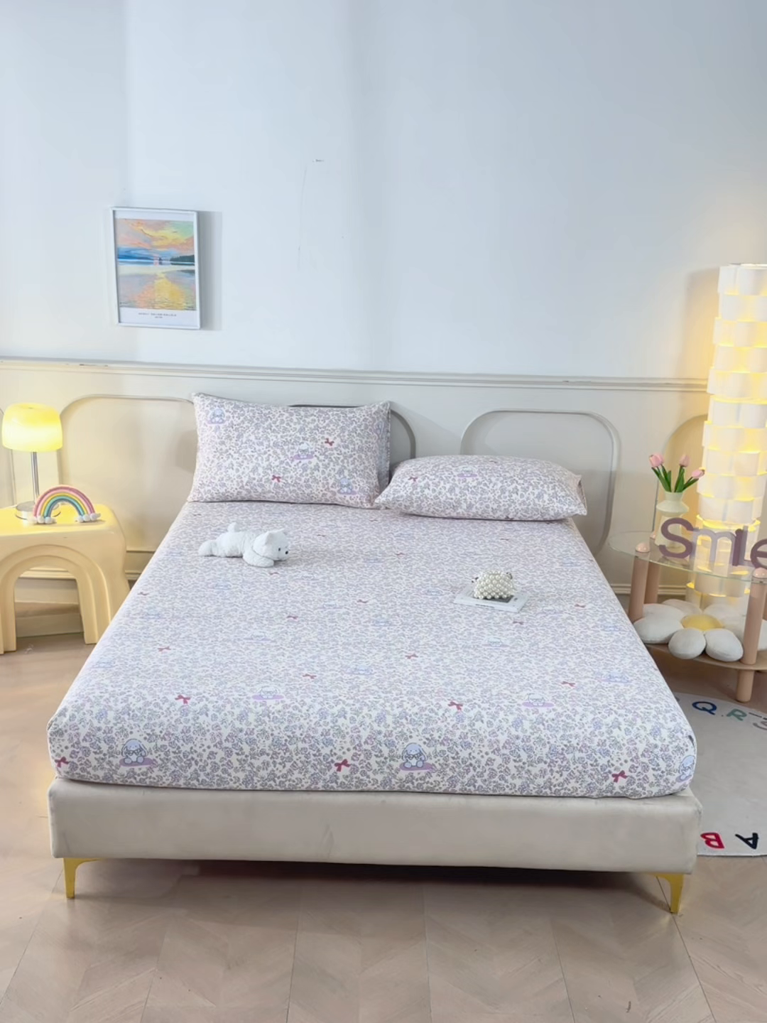 91家纺网 家纺一手货源 找家纺 悠米悠家 2026新款工艺款印花老粗布床笠单品床笠床笠单件凉席席子 花间垂耳兔