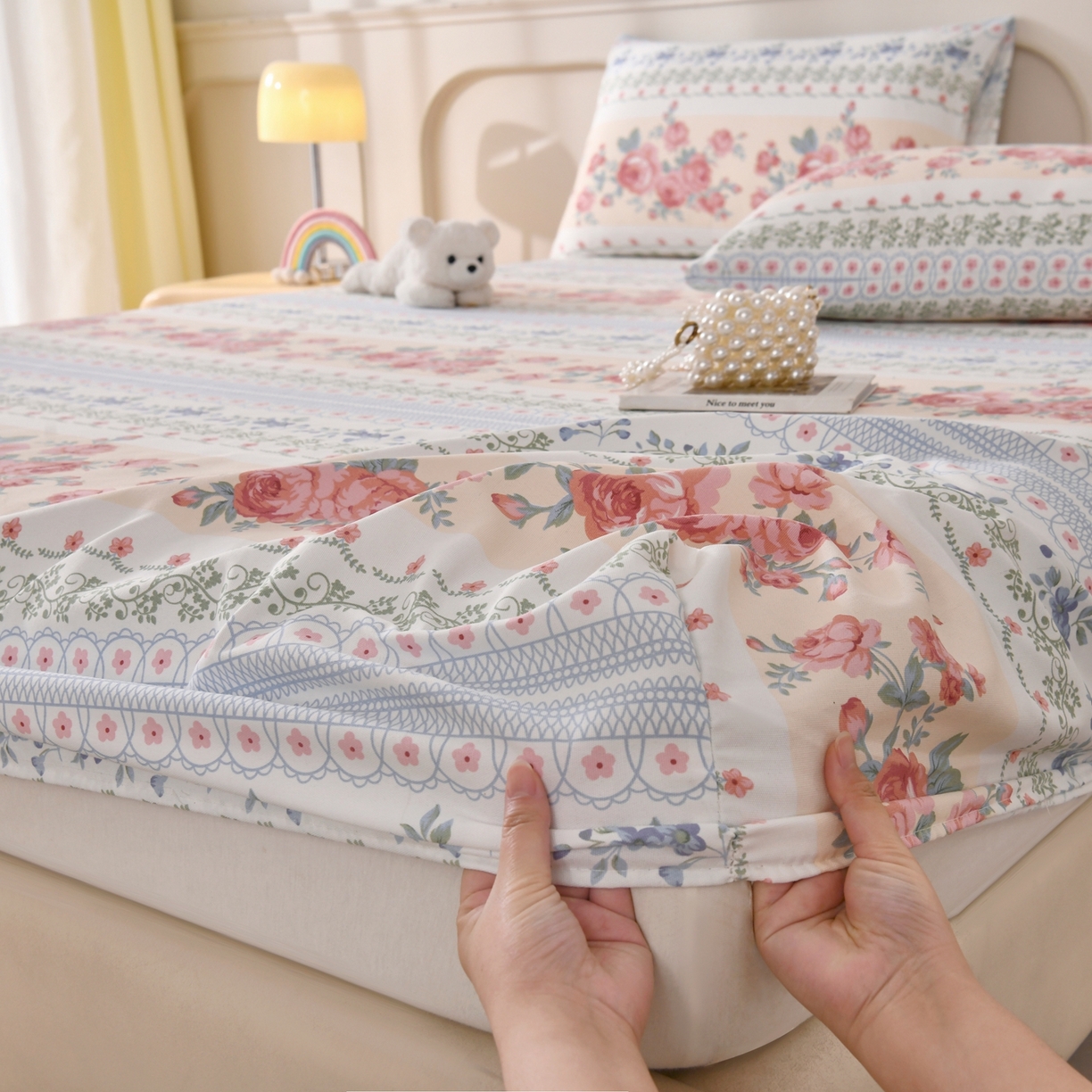 91家纺网 家纺一手货源 找家纺 悠米悠家 2026新款工艺款印花老粗布床笠单品床笠床笠单件凉席席子 莫奈玫瑰园