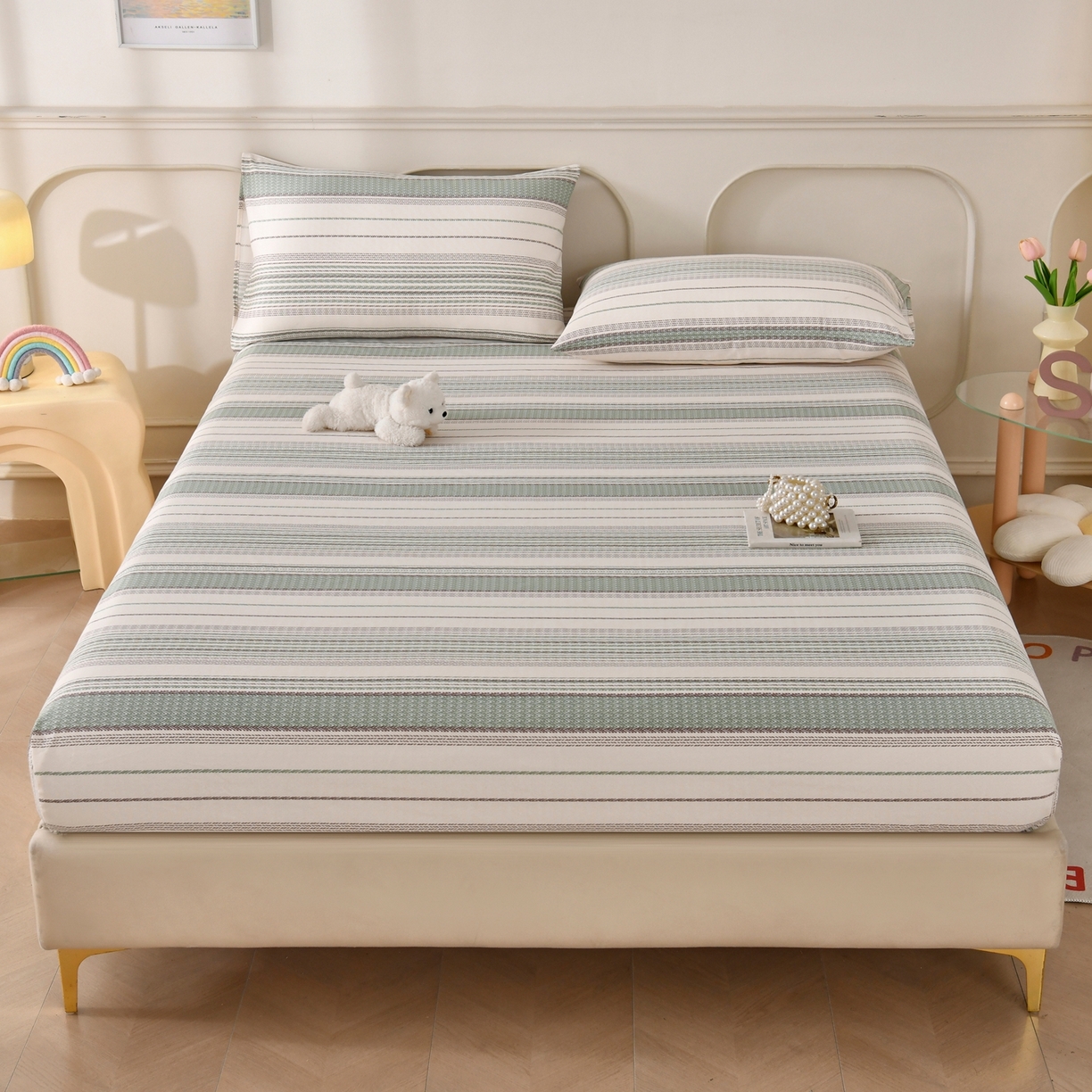 91家纺网 家纺一手货源 找家纺 悠米悠家 2026新款工艺款印花老粗布床笠单品床笠床笠单件凉席席子 青棕素条纹