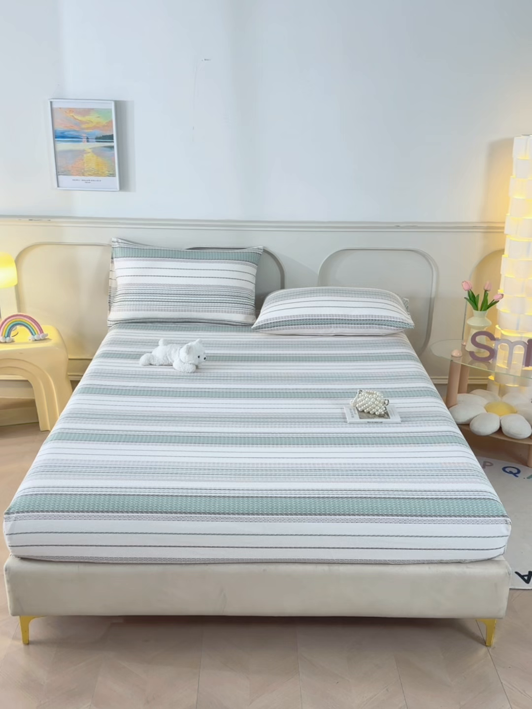 91家纺网 家纺一手货源 找家纺 悠米悠家 2026新款工艺款印花老粗布床笠单品床笠床笠单件凉席席子 青棕素条纹