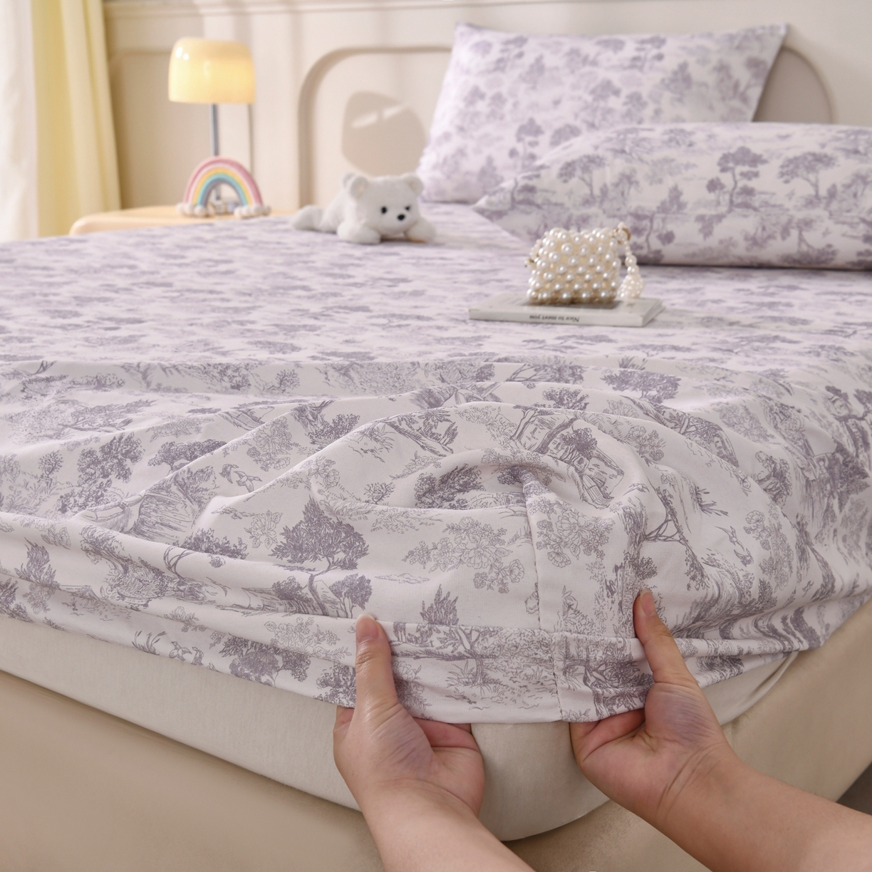 91家纺网 家纺一手货源 找家纺 悠米悠家 2026新款工艺款印花老粗布床笠单品床笠床笠单件凉席席子 烟紫松间居