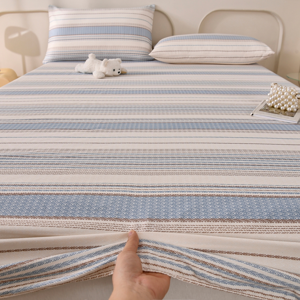 91家纺网 家纺一手货源 找家纺 悠米悠家 2026新款工艺款印花老粗布床笠单品床笠床笠单件凉席席子 海盐棕条纹