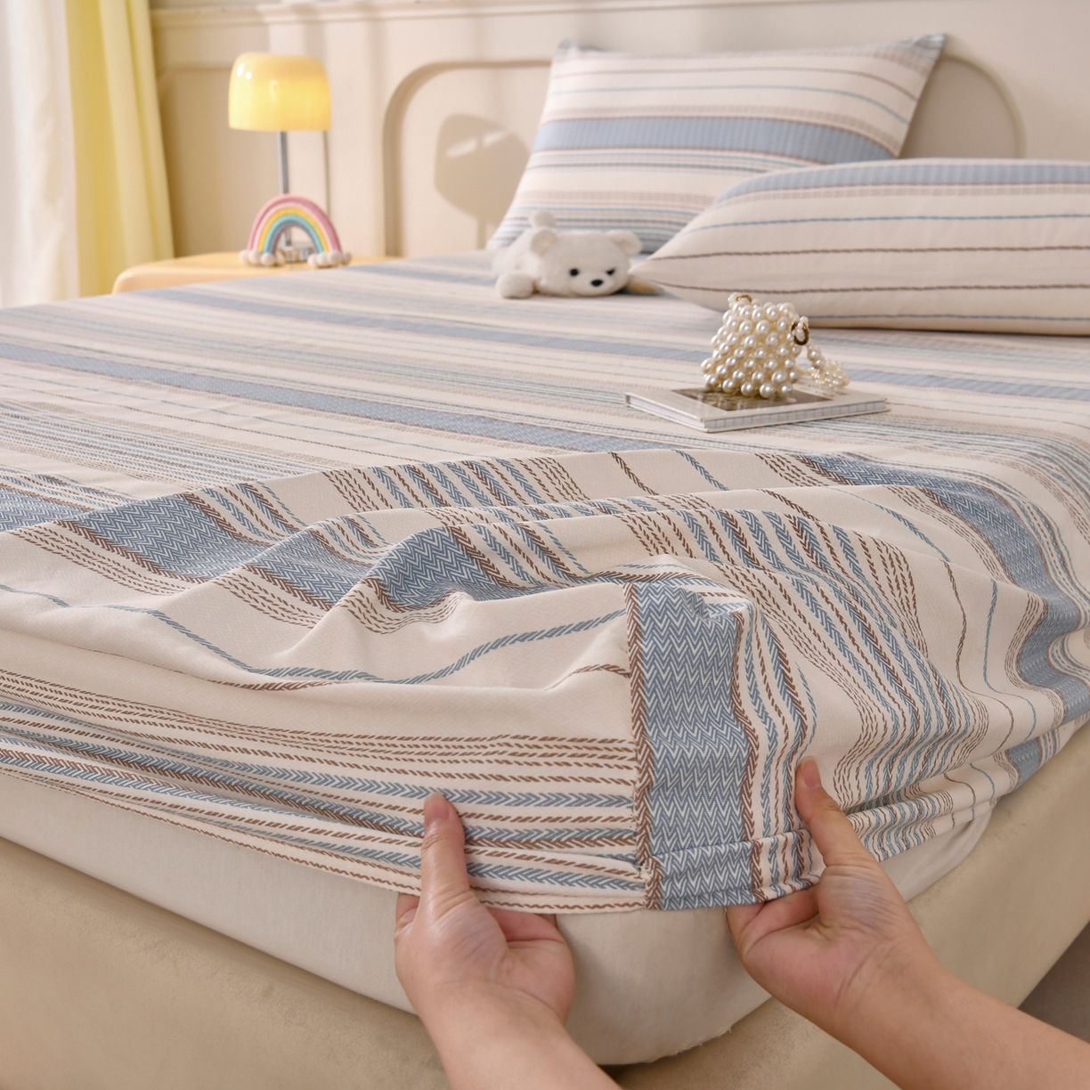 91家纺网 家纺一手货源 找家纺 悠米悠家 2026新款工艺款印花老粗布床笠单品床笠床笠单件凉席席子 海盐棕条纹