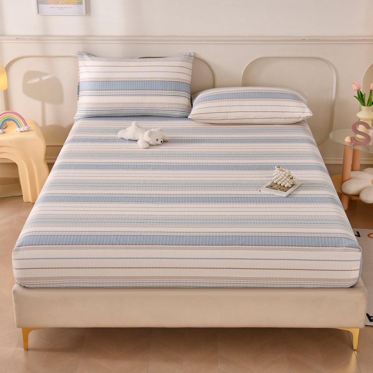 91家纺网 家纺一手货源 找家纺 悠米悠家 2026新款工艺款印花老粗布床笠单品床笠床笠单件凉席席子 海盐棕条纹