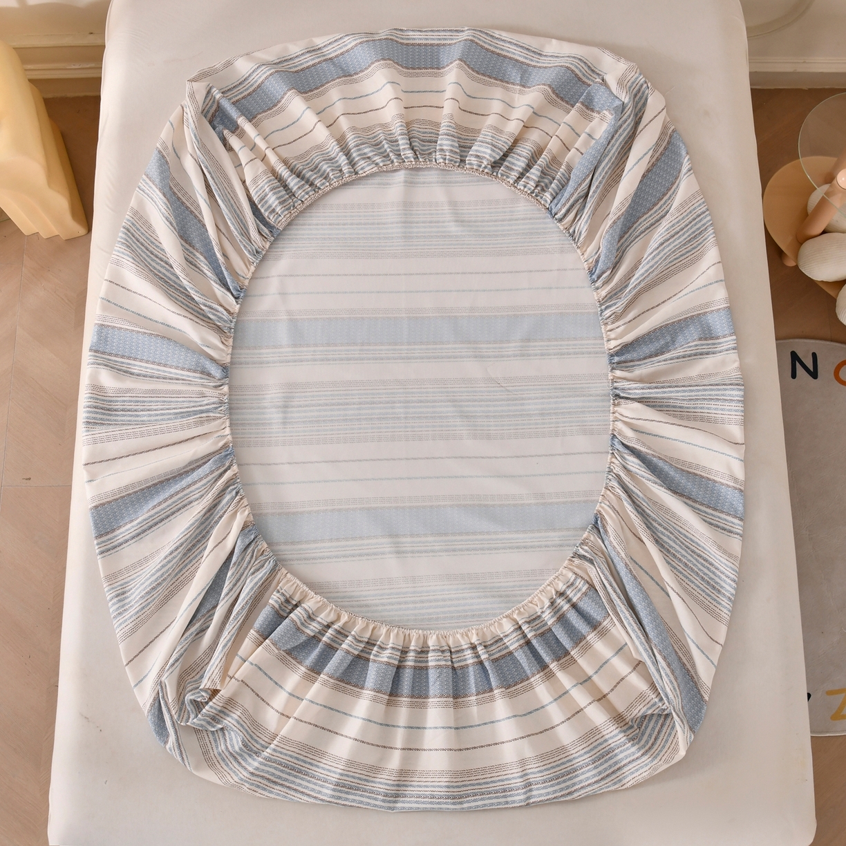 91家纺网 家纺一手货源 找家纺 悠米悠家 2026新款工艺款印花老粗布床笠单品床笠床笠单件凉席席子 海盐棕条纹