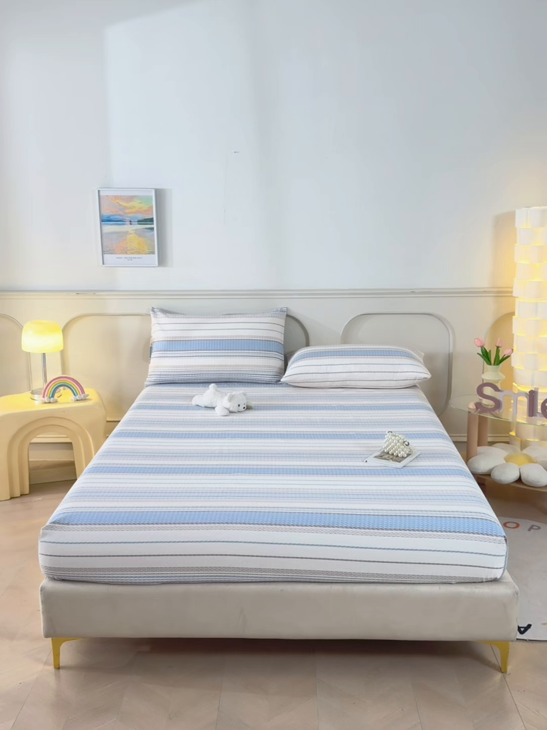 91家纺网 家纺一手货源 找家纺 悠米悠家 2026新款工艺款印花老粗布床笠单品床笠床笠单件凉席席子 海盐棕条纹