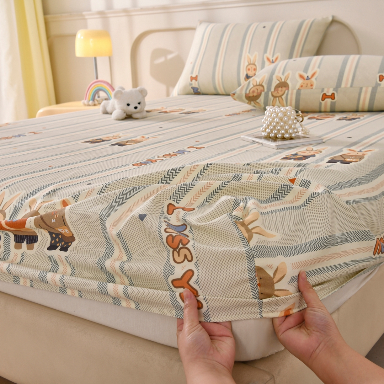 91家纺网 家纺一手货源 找家纺 悠米悠家 2026新款工艺款印花老粗布床笠单品床笠床笠单件凉席席子 青禾兔趣条