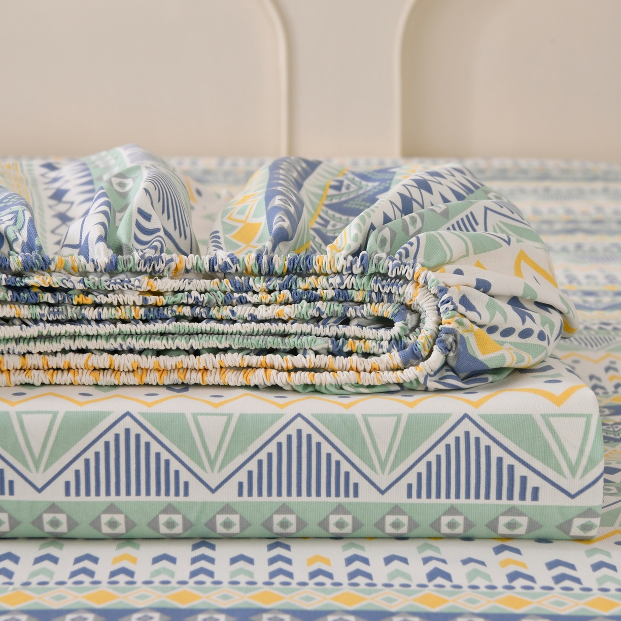 悠米悠家 2026新款工艺款印花老粗布床笠单品床笠床笠单件凉席席子 青柠波西纹