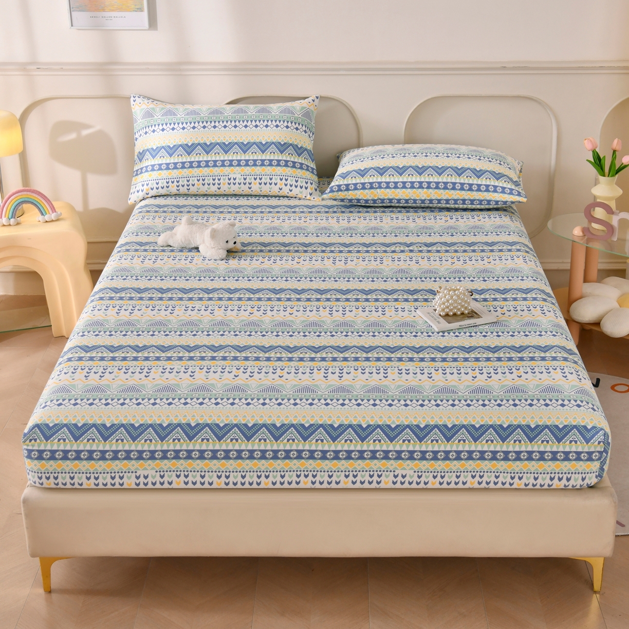 91家纺网 家纺一手货源 找家纺 悠米悠家 2026新款工艺款印花老粗布床笠单品床笠床笠单件凉席席子 青柠波西纹