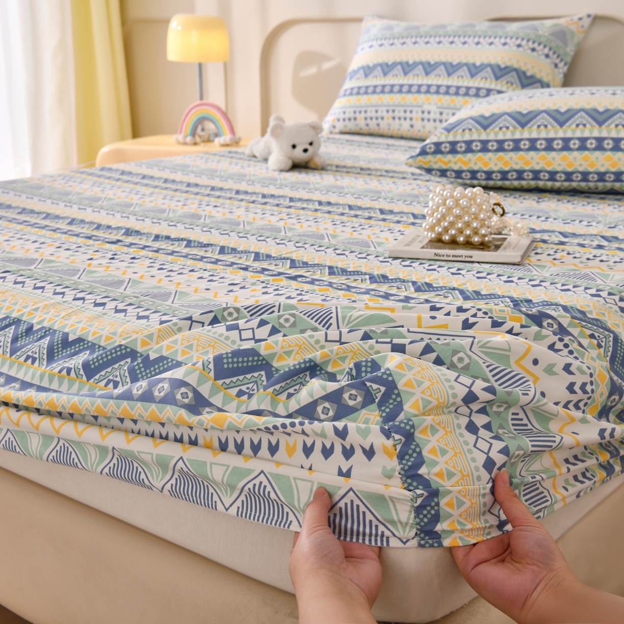 91家纺网 家纺一手货源 找家纺 悠米悠家 2026新款工艺款印花老粗布床笠单品床笠床笠单件凉席席子 青柠波西纹