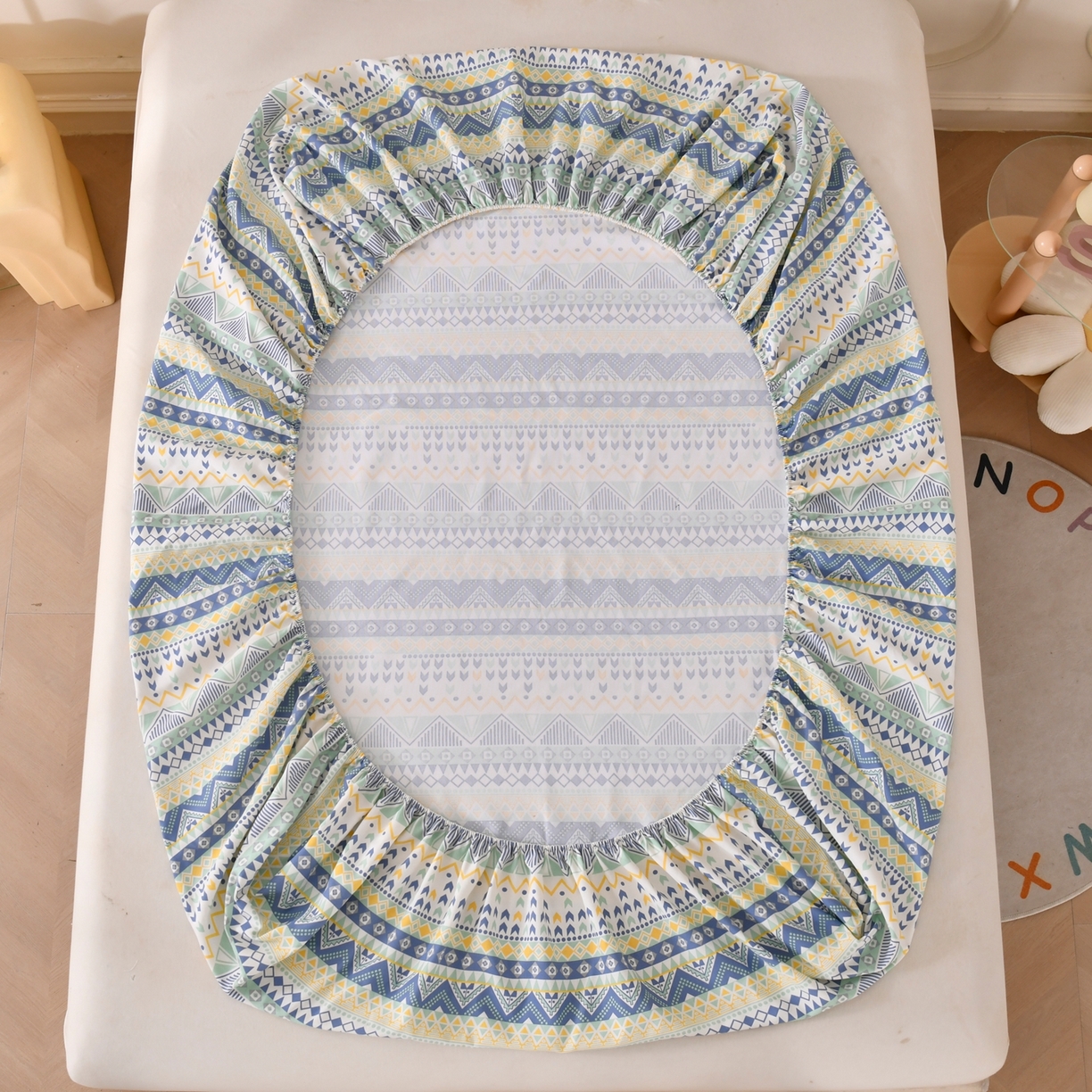 91家纺网 家纺一手货源 找家纺 悠米悠家 2026新款工艺款印花老粗布床笠单品床笠床笠单件凉席席子 青柠波西纹