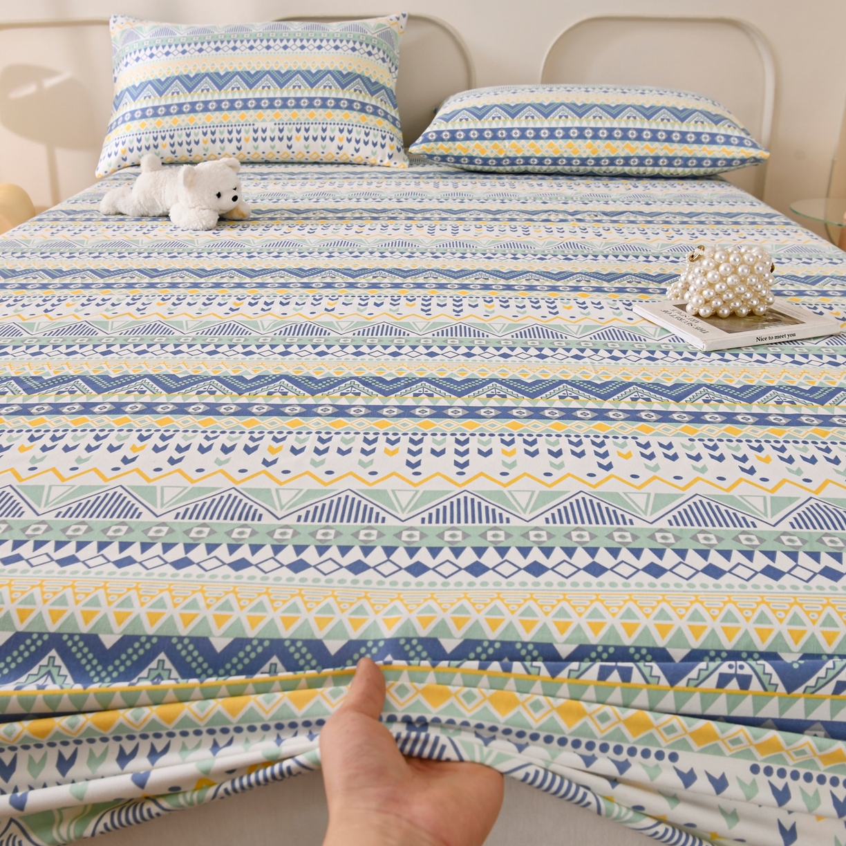 91家纺网 家纺一手货源 找家纺 悠米悠家 2026新款工艺款印花老粗布床笠单品床笠床笠单件凉席席子 青柠波西纹