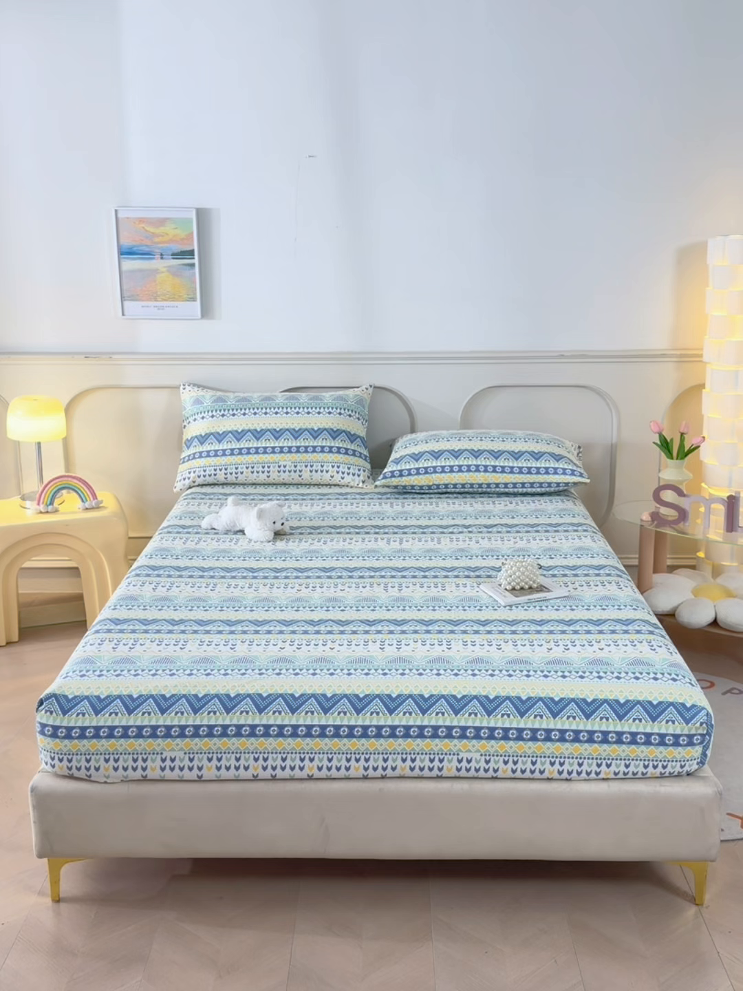 91家纺网 家纺一手货源 找家纺 悠米悠家 2026新款工艺款印花老粗布床笠单品床笠床笠单件凉席席子 青柠波西纹