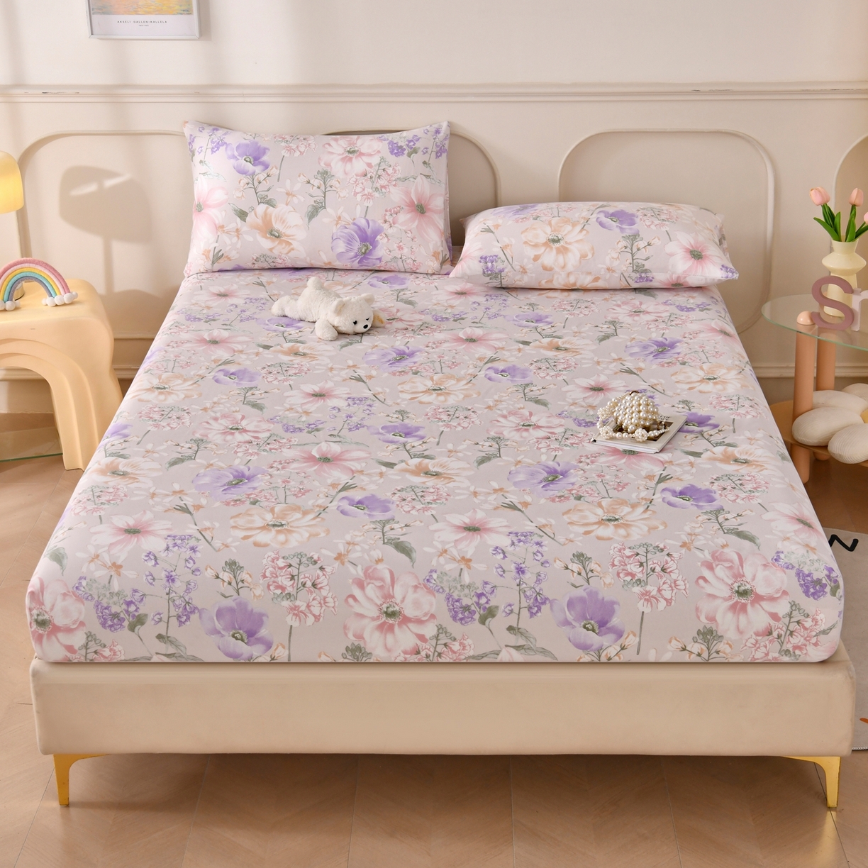 91家纺网 家纺一手货源 找家纺 悠米悠家 2026新款工艺款印花老粗布床笠单品床笠床笠单件凉席席子 柔紫虞美人