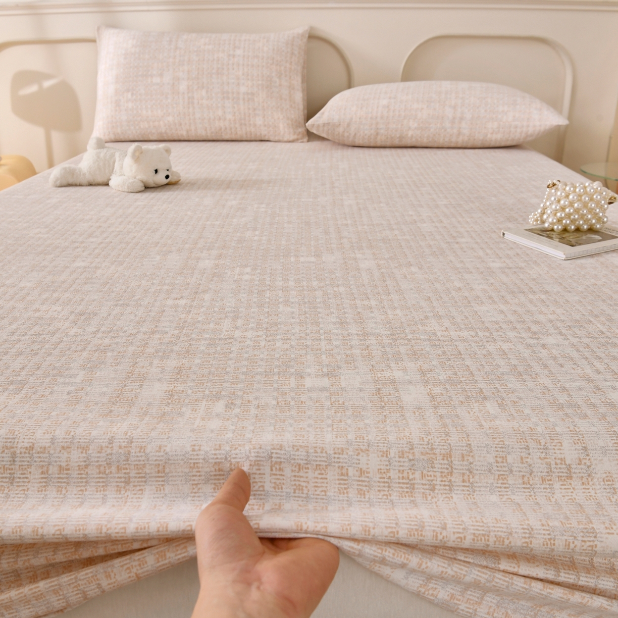 91家纺网 家纺一手货源 找家纺 悠米悠家 2026新款工艺款印花老粗布床笠单品床笠床笠单件凉席席子 浅咖肌理格