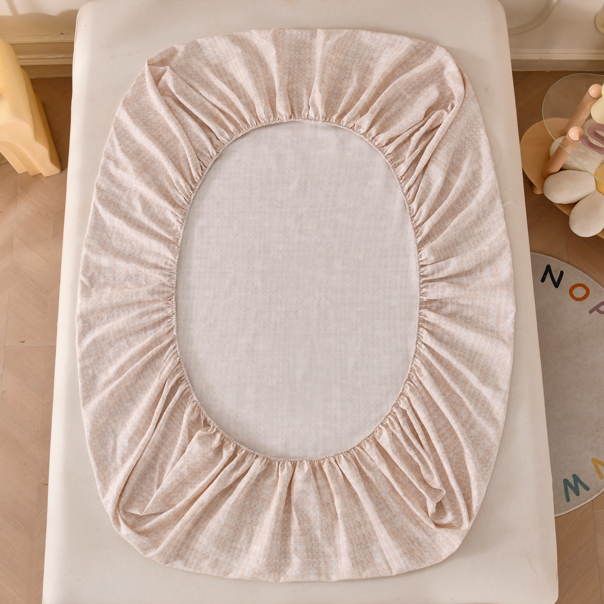 91家纺网 家纺一手货源 找家纺 悠米悠家 2026新款工艺款印花老粗布床笠单品床笠床笠单件凉席席子 浅咖肌理格