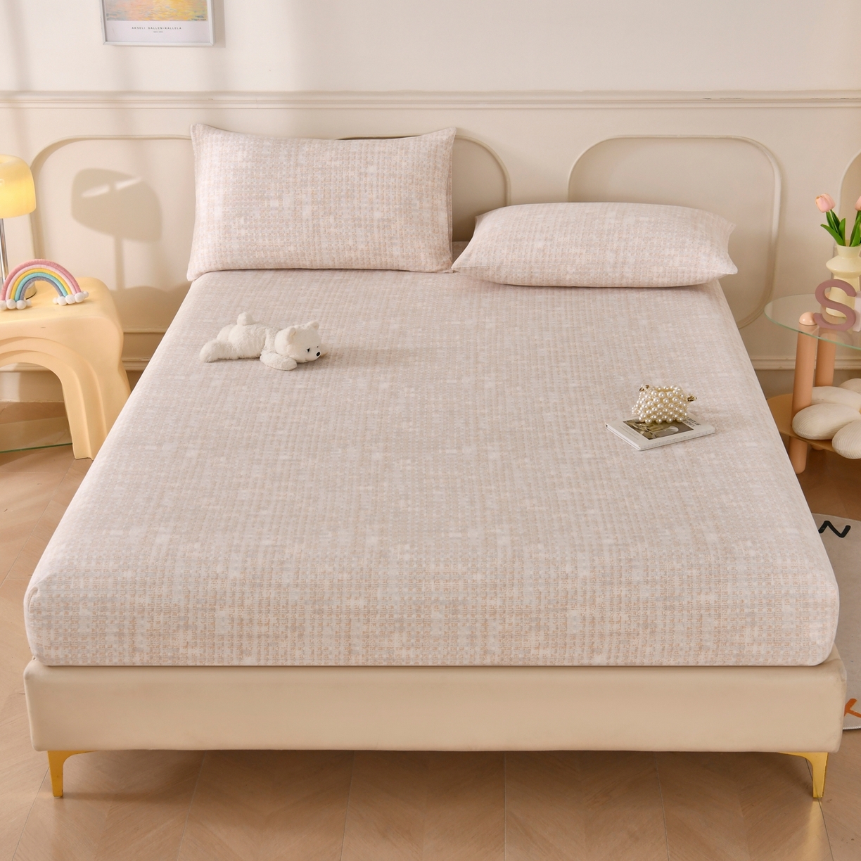 91家纺网 家纺一手货源 找家纺 悠米悠家 2026新款工艺款印花老粗布床笠单品床笠床笠单件凉席席子 浅咖肌理格