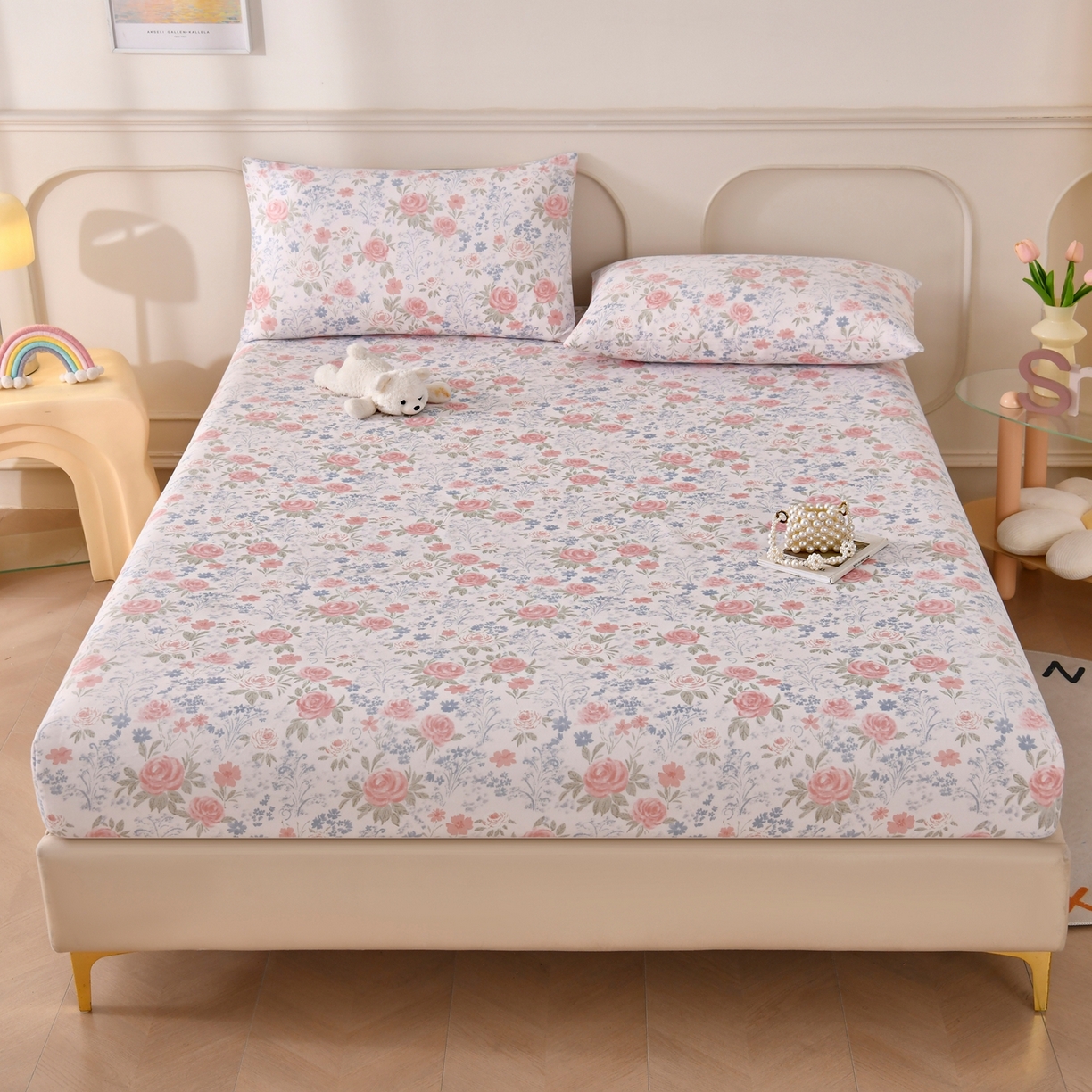 91家纺网 家纺一手货源 找家纺 悠米悠家 2026新款工艺款印花老粗布床笠单品床笠床笠单件凉席席子 烟粉花境织