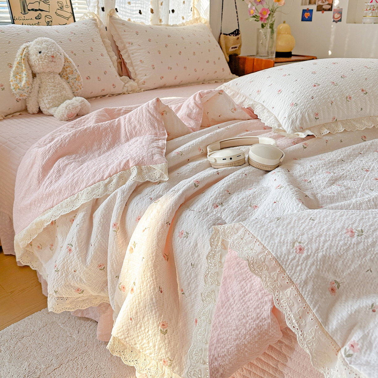 91家纺网 家纺一手货源 找家纺 （总）富米莱（原臻工厂） 2026新款全新花边款泡芙双层纱夏凉被床盖床裙四件套