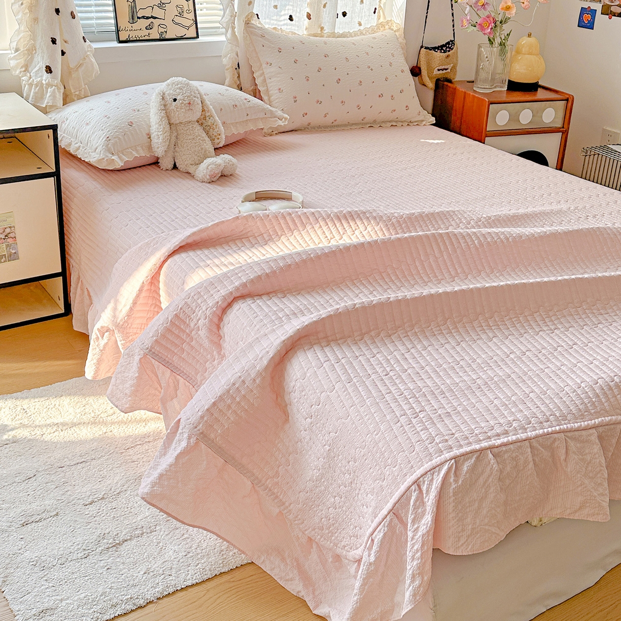 91家纺网 家纺一手货源 找家纺 （总）富米莱（原臻工厂） 2026新款全新花边款泡芙双层纱夏凉被床盖床裙四件套