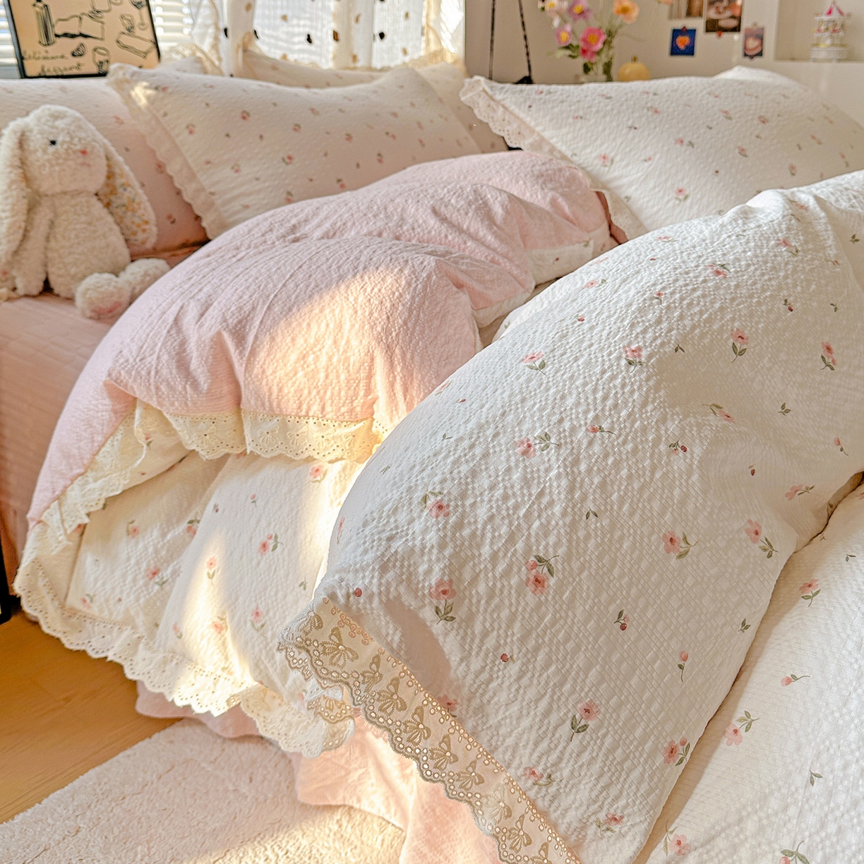 91家纺网 家纺一手货源 找家纺 （总）富米莱（原臻工厂） 2026新款全新花边款泡芙双层纱夏凉被床盖床裙四件套