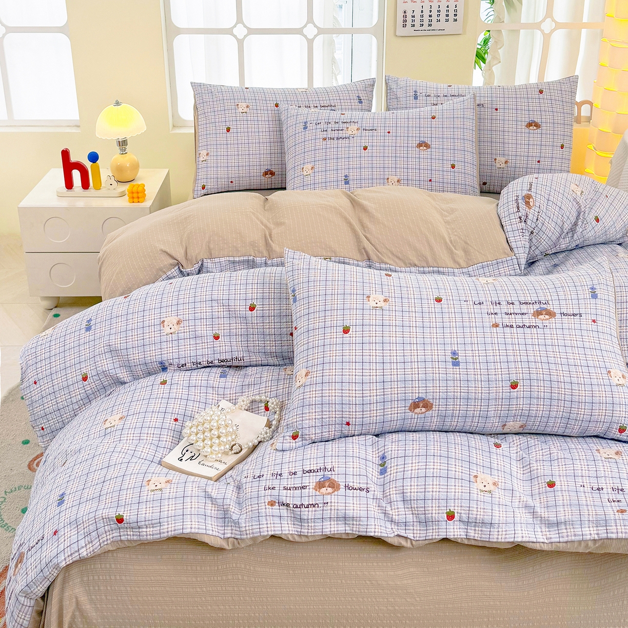 91家纺网 家纺一手货源 找家纺 悠米悠家 2026春夏新款高克重A类泡芙纱泡泡皱皱纱四件套 汪仔派对-床单款