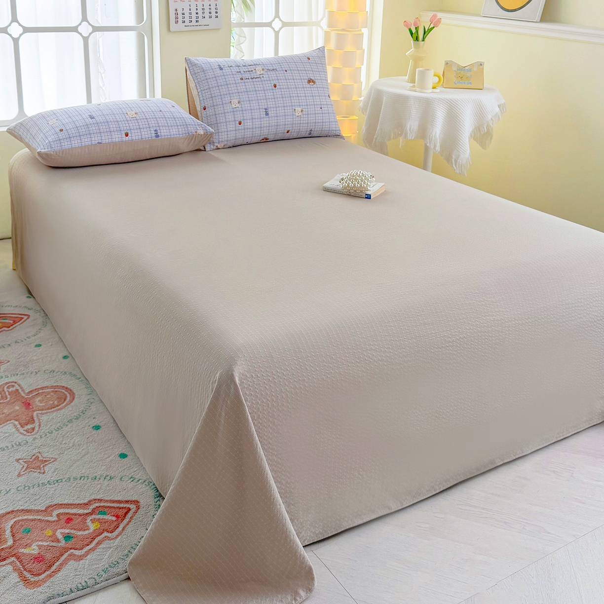 91家纺网 家纺一手货源 找家纺 悠米悠家 2026春夏新款高克重A类泡芙纱泡泡皱皱纱四件套 汪仔派对-床单款