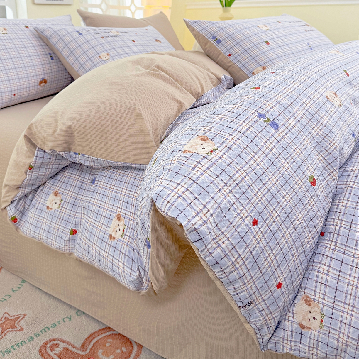 91家纺网 家纺一手货源 找家纺 悠米悠家 2026春夏新款高克重A类泡芙纱泡泡皱皱纱四件套 汪仔派对-床单款