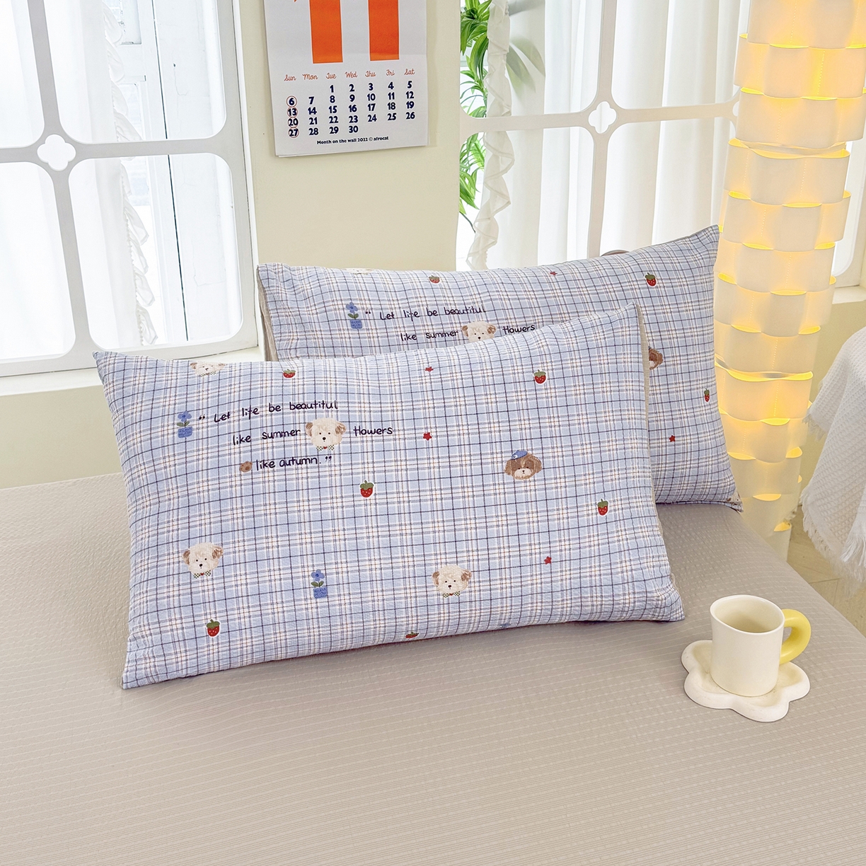 91家纺网 家纺一手货源 找家纺 悠米悠家 2026春夏新款高克重A类泡芙纱泡泡皱皱纱四件套 汪仔派对-床单款