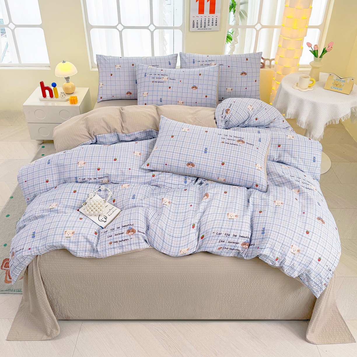 91家纺网 家纺一手货源 找家纺 悠米悠家 2026春夏新款高克重A类泡芙纱泡泡皱皱纱四件套 汪仔派对-床单款