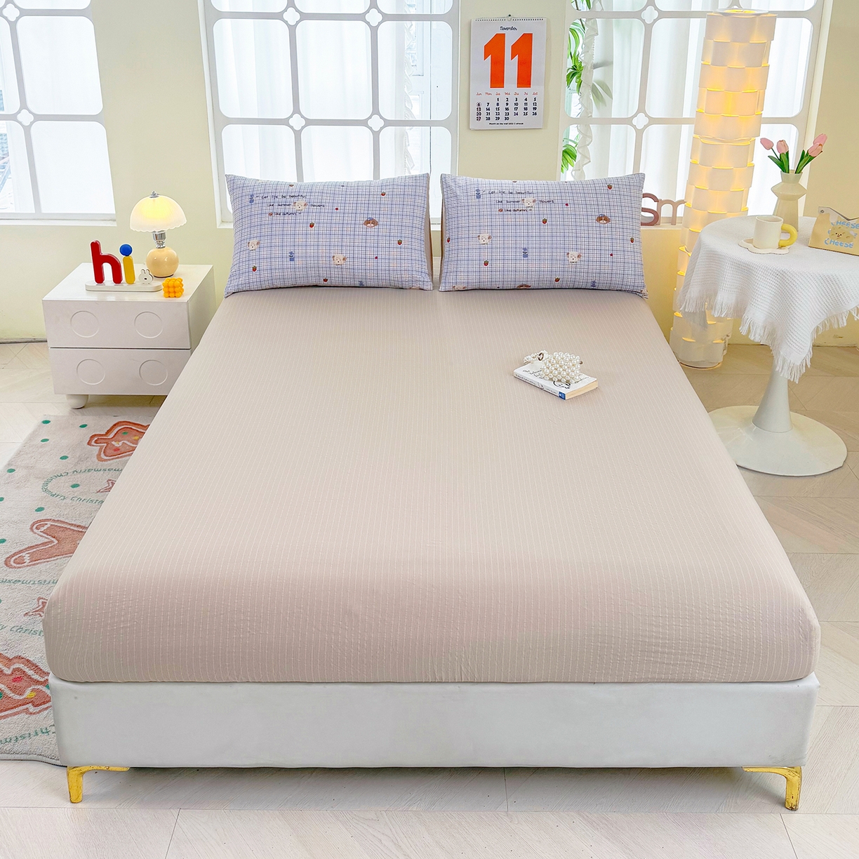 91家纺网 家纺一手货源 找家纺 悠米悠家 2026春夏新款高克重A类泡芙纱泡泡皱皱纱四件套 汪仔派对-床单款