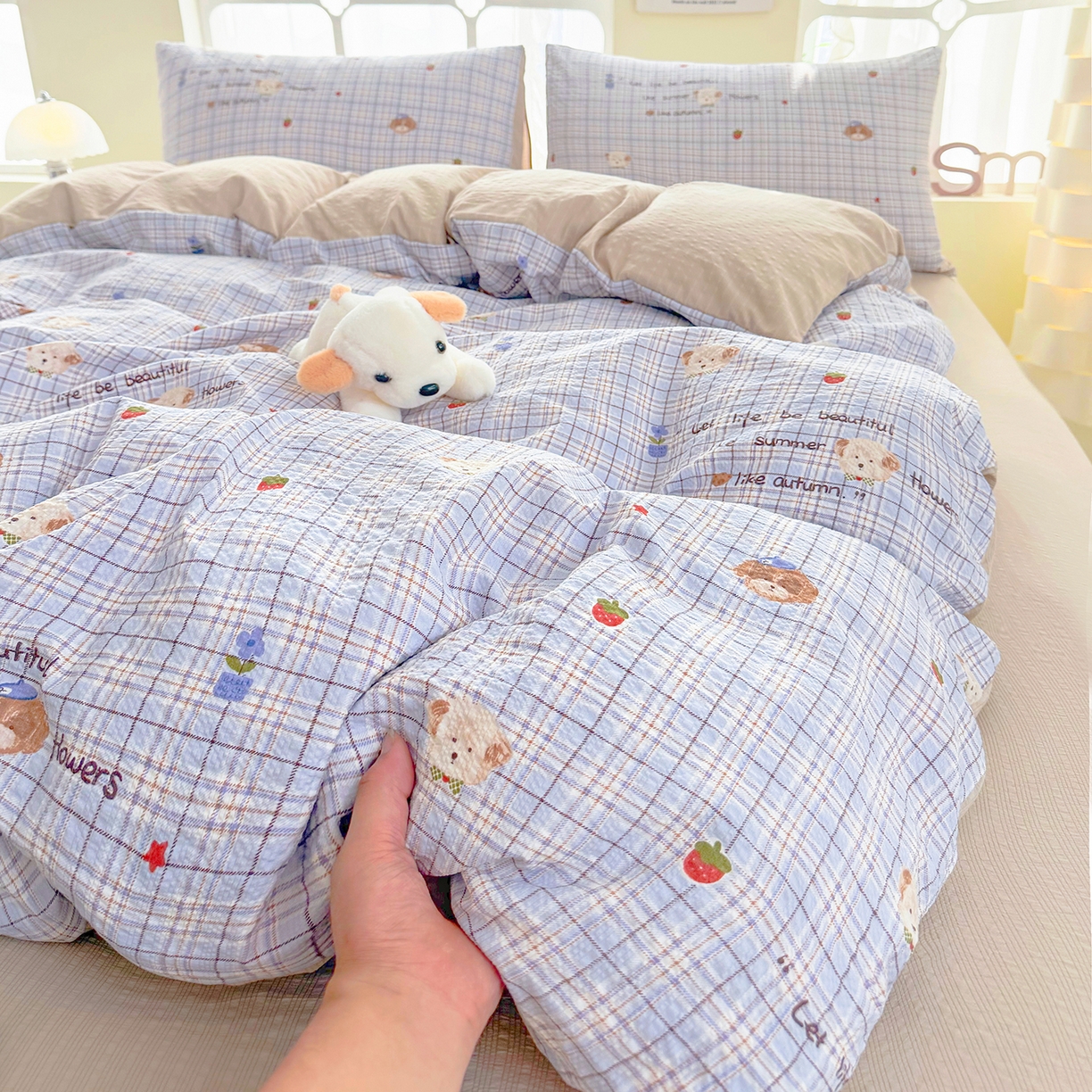 91家纺网 家纺一手货源 找家纺 悠米悠家 2026春夏新款高克重A类泡芙纱泡泡皱皱纱四件套 汪仔派对-床单款