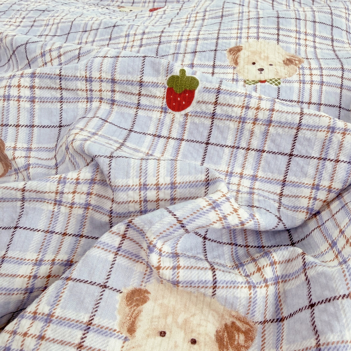 91家纺网 家纺一手货源 找家纺 悠米悠家 2026春夏新款高克重A类泡芙纱泡泡皱皱纱四件套 汪仔派对-床单款