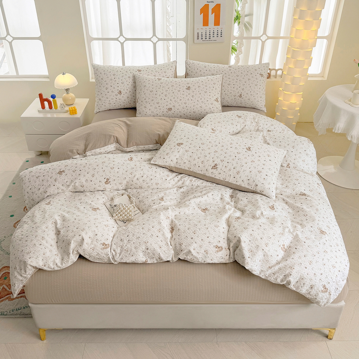 91家纺网 家纺一手货源 找家纺 悠米悠家 2026春夏新款高克重A类泡芙纱泡泡皱皱纱四件套 林间摇马-床单款