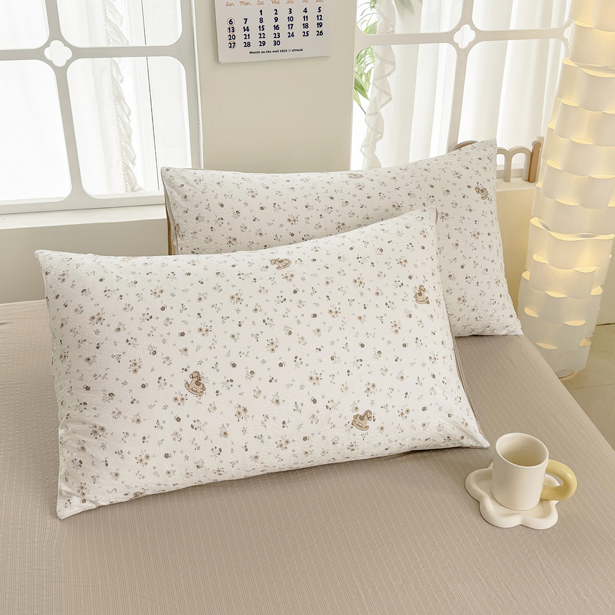 91家纺网 家纺一手货源 找家纺 悠米悠家 2026春夏新款高克重A类泡芙纱泡泡皱皱纱四件套 林间摇马-床单款