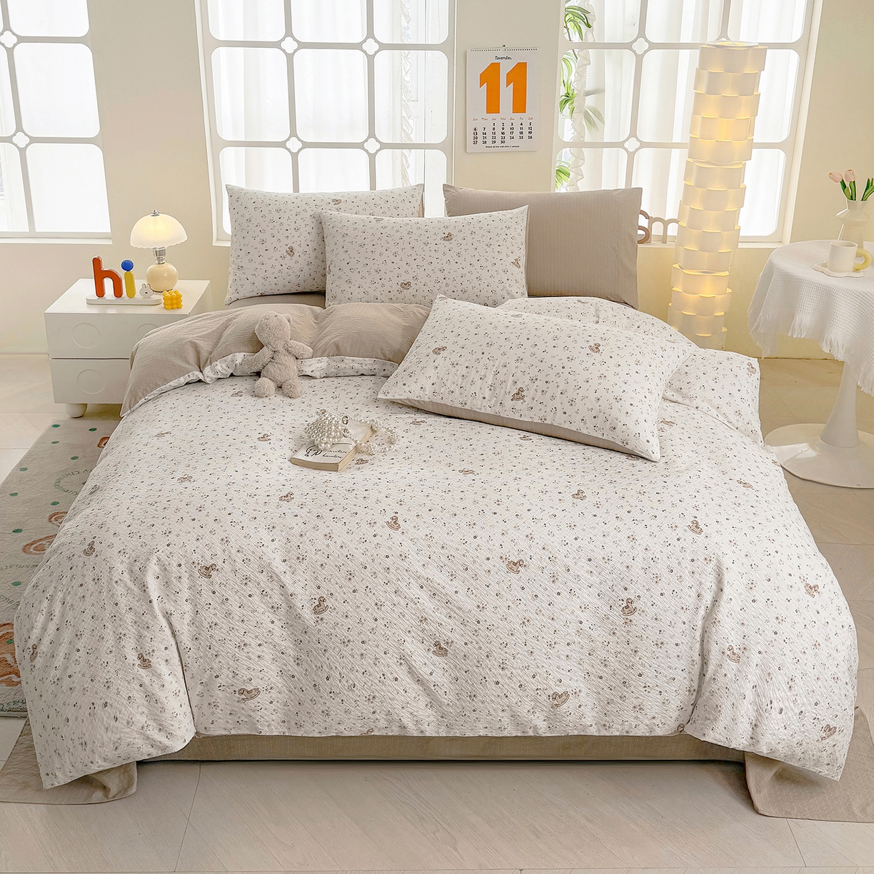 91家纺网 家纺一手货源 找家纺 悠米悠家 2026春夏新款高克重A类泡芙纱泡泡皱皱纱四件套 林间摇马-床单款