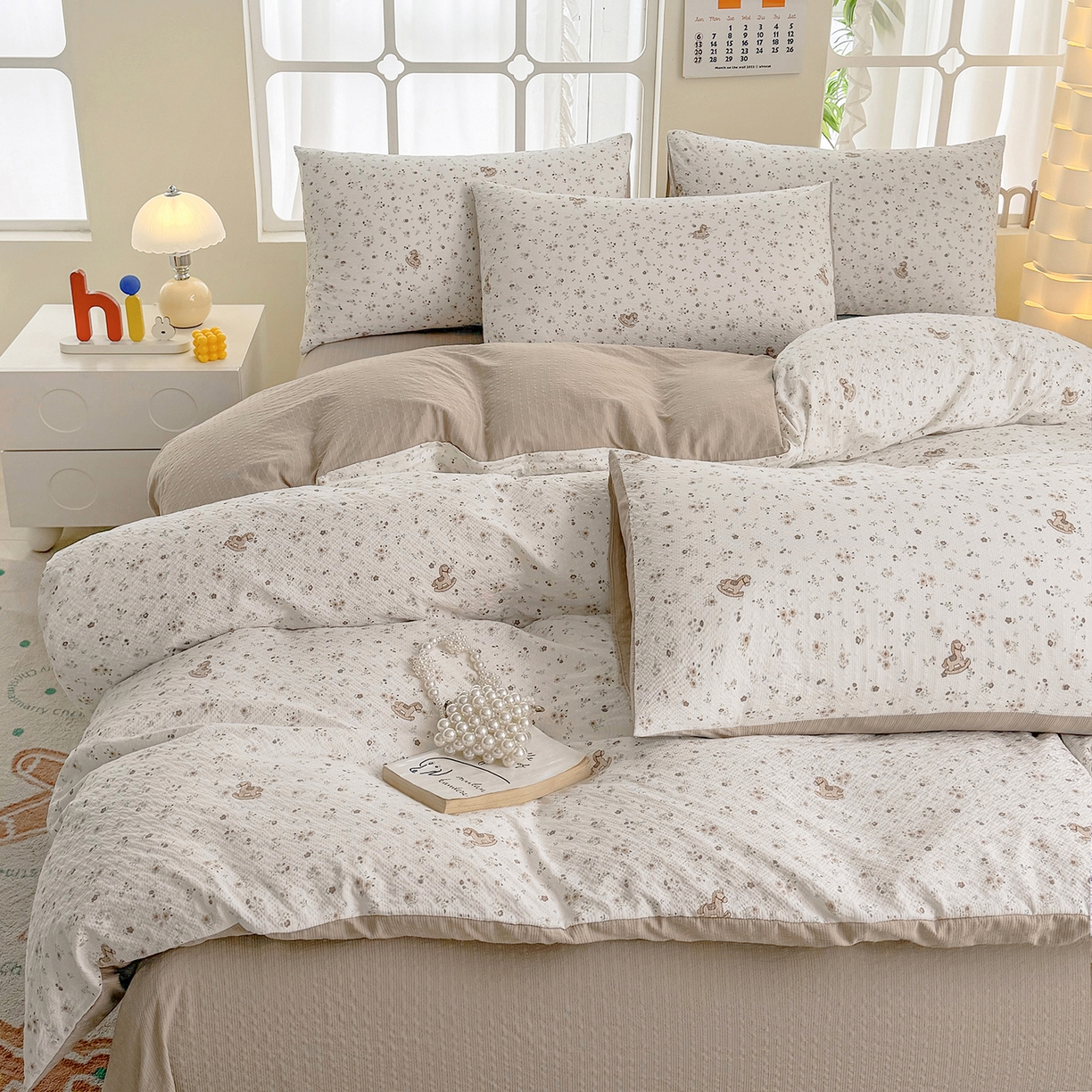 91家纺网 家纺一手货源 找家纺 悠米悠家 2026春夏新款高克重A类泡芙纱泡泡皱皱纱四件套 林间摇马-床单款