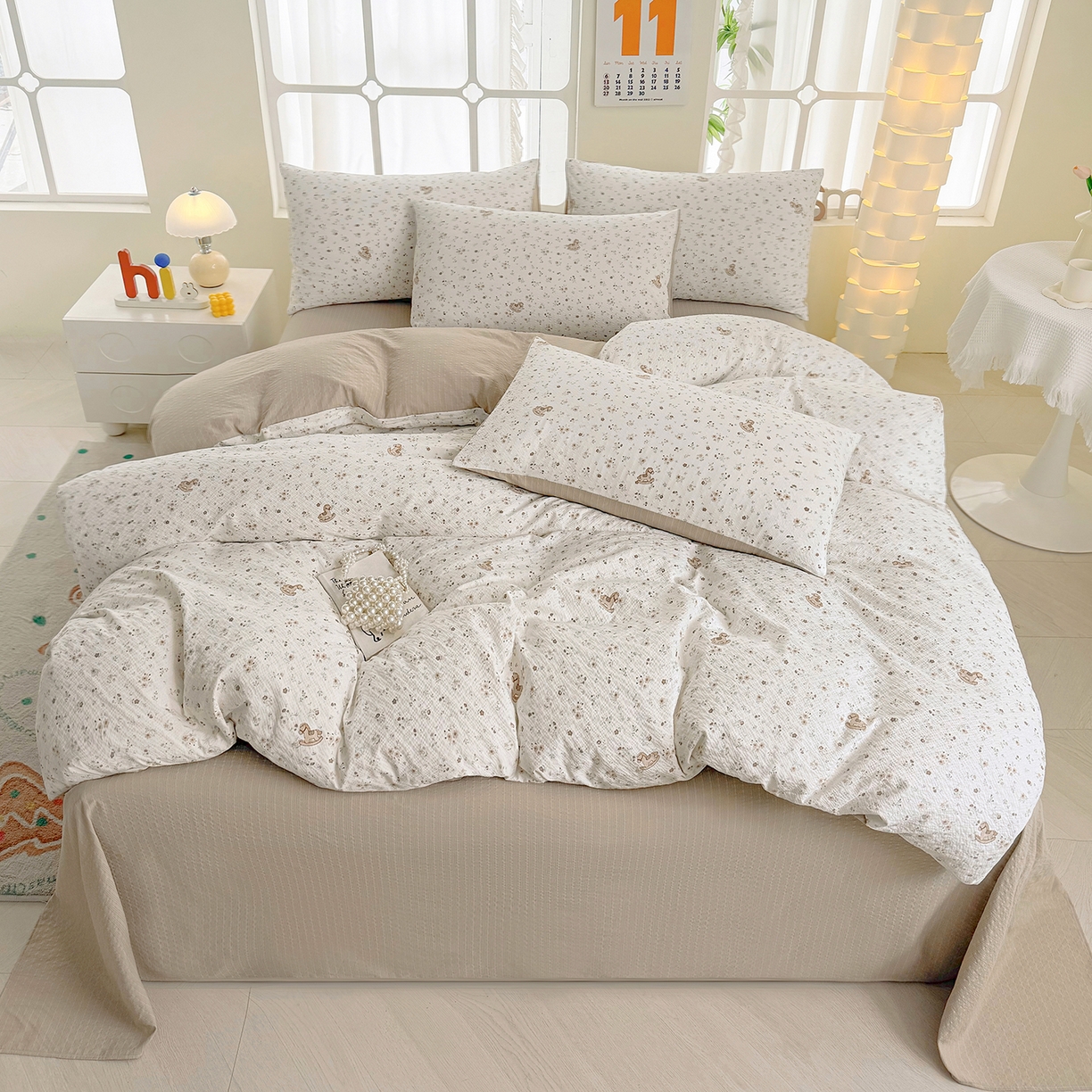 91家纺网 家纺一手货源 找家纺 悠米悠家 2026春夏新款高克重A类泡芙纱泡泡皱皱纱四件套 林间摇马-床单款