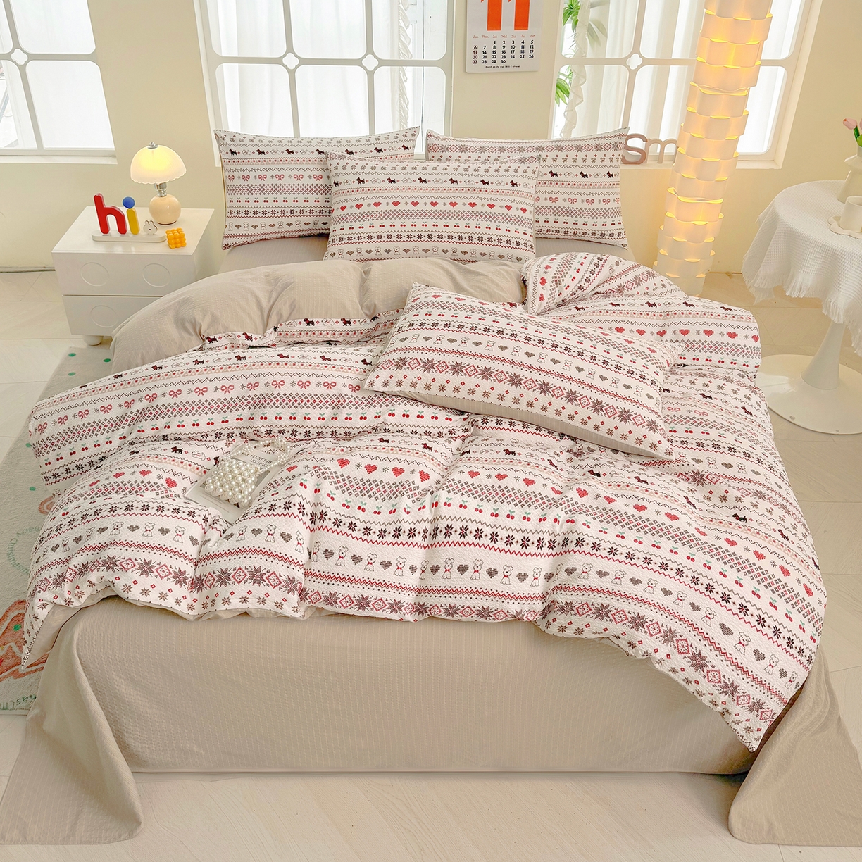 91家纺网 家纺一手货源 找家纺 悠米悠家 2026春夏新款高克重A类泡芙纱泡泡皱皱纱四件套 趣味汪汪队-床单款