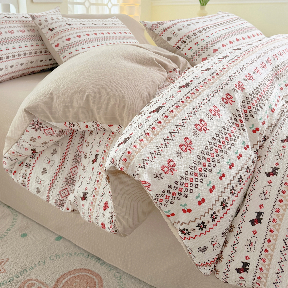 91家纺网 家纺一手货源 找家纺 悠米悠家 2026春夏新款高克重A类泡芙纱泡泡皱皱纱四件套 趣味汪汪队-床单款