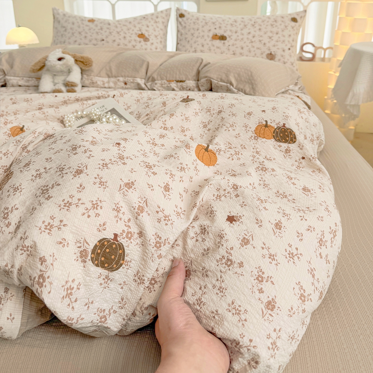 91家纺网 家纺一手货源 找家纺 悠米悠家 2026春夏新款高克重A类泡芙纱泡泡皱皱纱四件套 南瓜小确幸-床单款