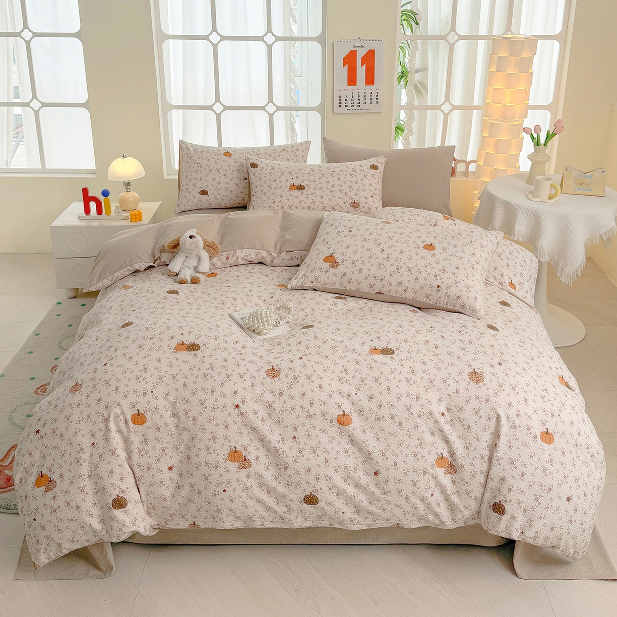 91家纺网 家纺一手货源 找家纺 悠米悠家 2026春夏新款高克重A类泡芙纱泡泡皱皱纱四件套 南瓜小确幸-床单款