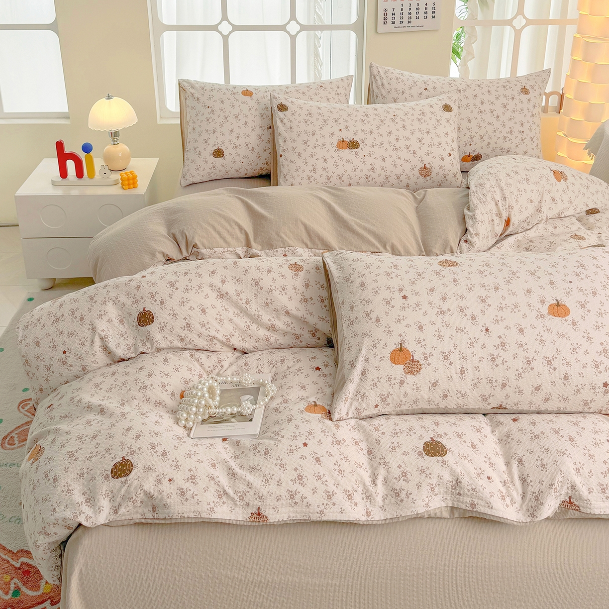 91家纺网 家纺一手货源 找家纺 悠米悠家 2026春夏新款高克重A类泡芙纱泡泡皱皱纱四件套 南瓜小确幸-床单款