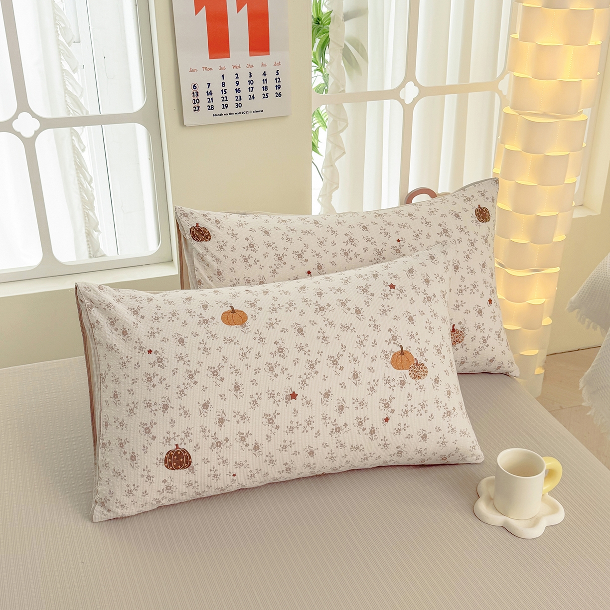 91家纺网 家纺一手货源 找家纺 悠米悠家 2026春夏新款高克重A类泡芙纱泡泡皱皱纱四件套 南瓜小确幸-床单款