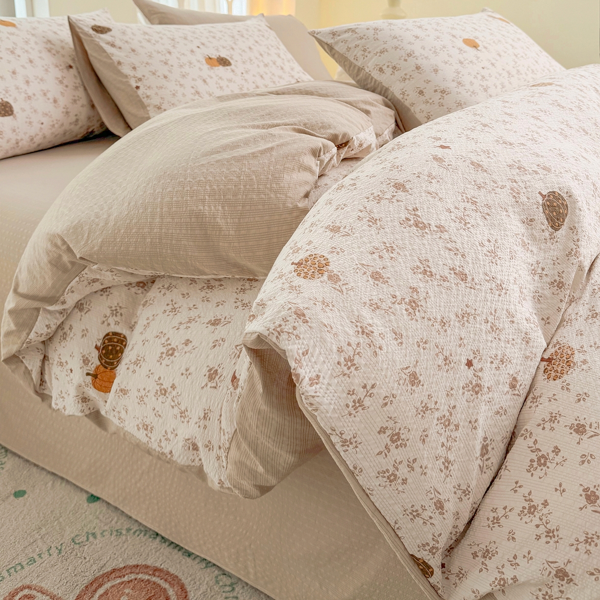 91家纺网 家纺一手货源 找家纺 悠米悠家 2026春夏新款高克重A类泡芙纱泡泡皱皱纱四件套 南瓜小确幸-床单款