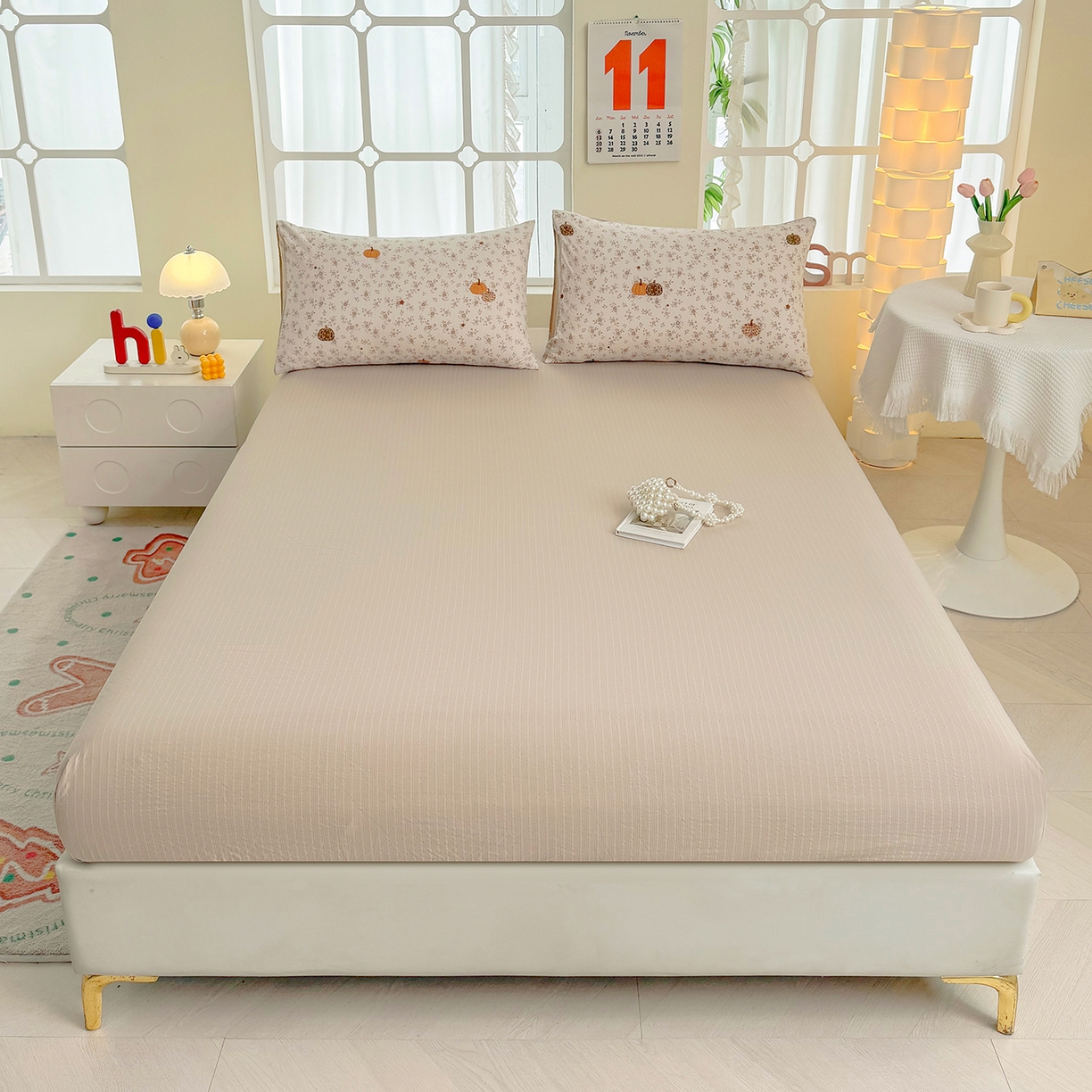 91家纺网 家纺一手货源 找家纺 悠米悠家 2026春夏新款高克重A类泡芙纱泡泡皱皱纱四件套 南瓜小确幸-床单款