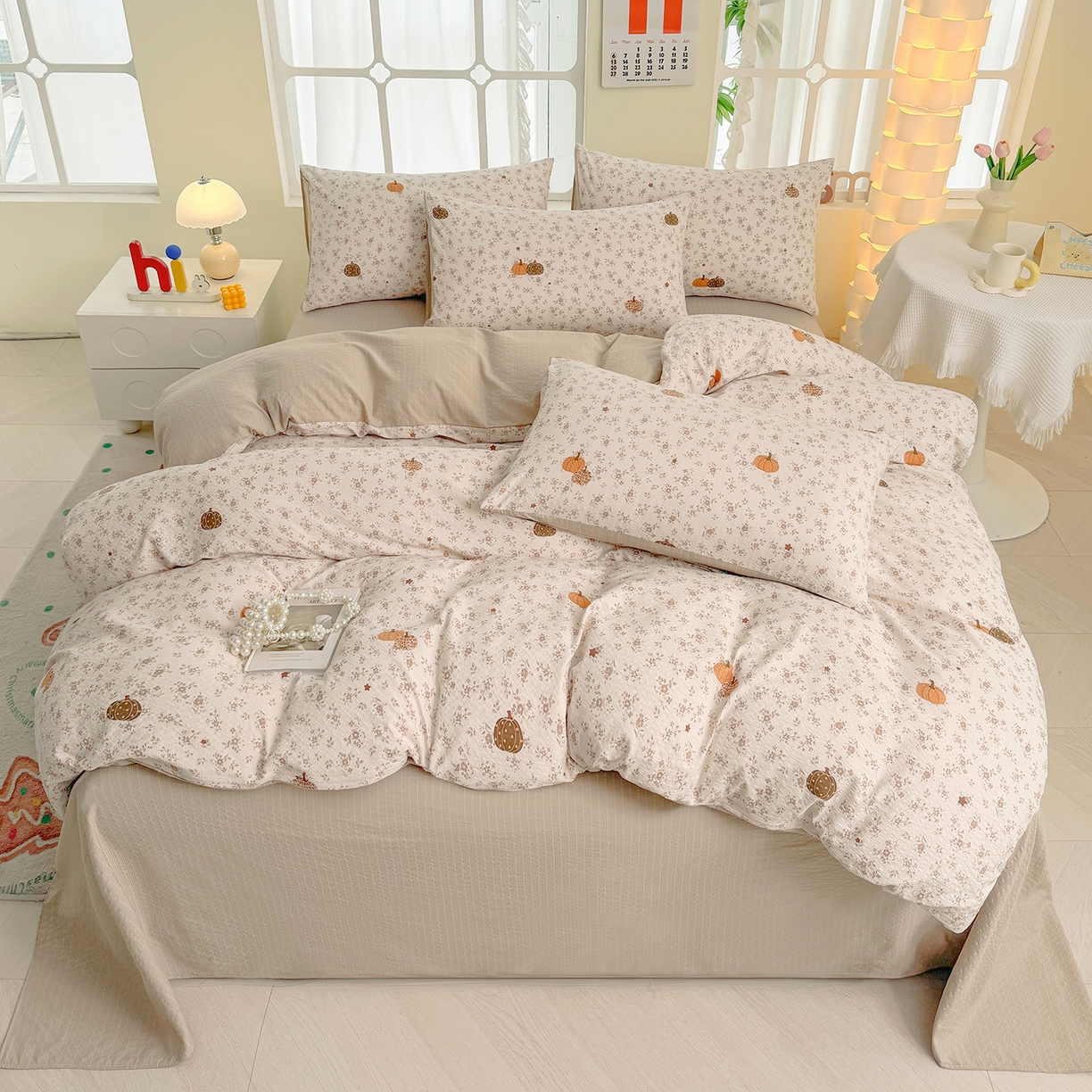 91家纺网 家纺一手货源 找家纺 悠米悠家 2026春夏新款高克重A类泡芙纱泡泡皱皱纱四件套 南瓜小确幸-床单款