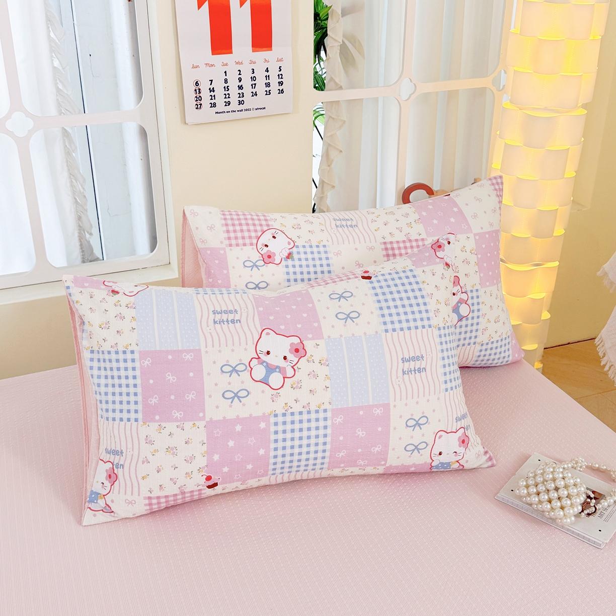 91家纺网 家纺一手货源 找家纺 悠米悠家 2026春夏新款高克重A类泡芙纱泡泡皱皱纱四件套 Kitty-蜜语格-床单款